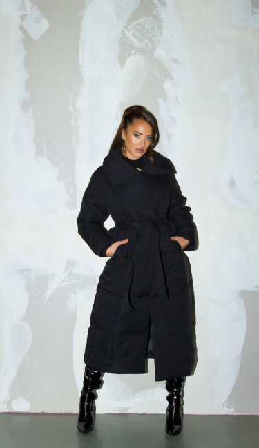 fashionista extra lange winterjas met riem zwart
